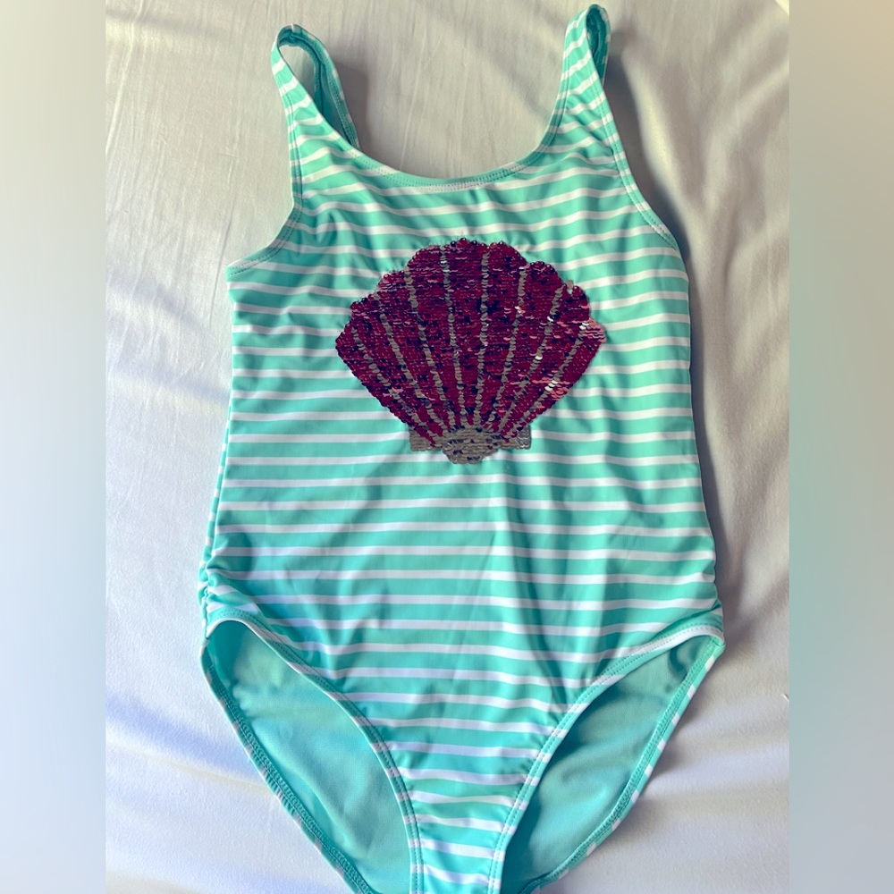 Sweet Pineapple: Girl’s one piece swimsuit with sequence double sides seashell